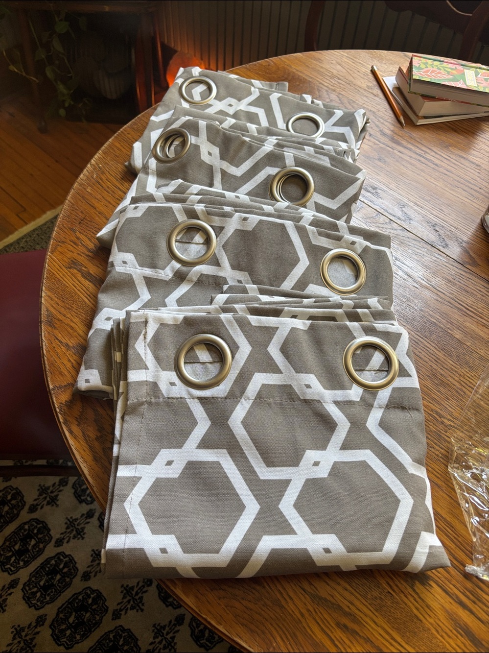 Set of Four Geometric Grommet Curtain Panels in Taupe & White